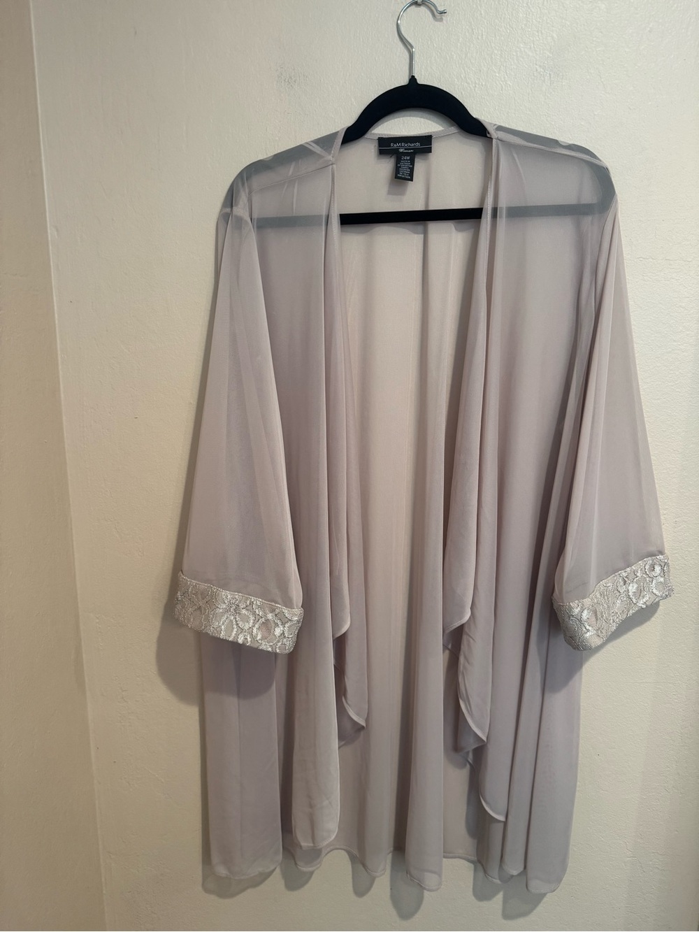 R&M Richards Sheer Kimono Light Champagne Taupe Embellished Sleeve Cuffs